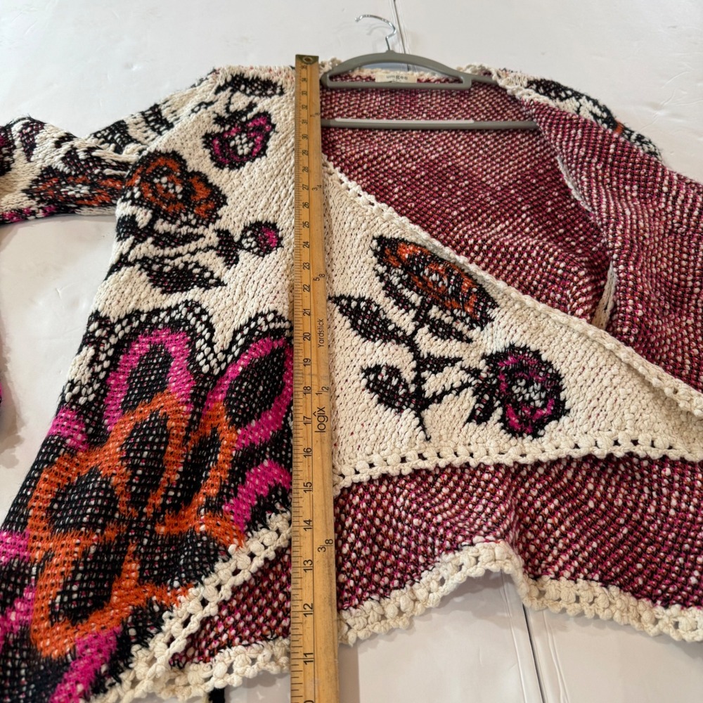 Umgee Womens Floral Paisley Knit Cardigan Sweater Pink Orange Pom Pom boho small - Picture 5 of 11